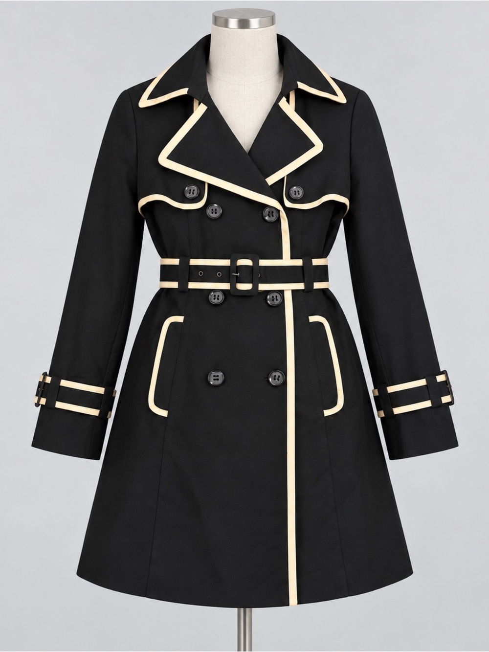 The Limited Black Cream Contrast Trim Belted Trench Coat Old Money M Mod Preppy